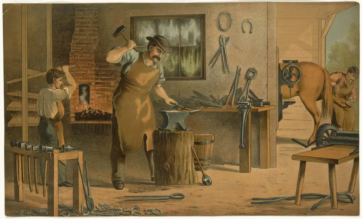 A cartoon farrier hard at work smithing horse shoes. His assistant stokes the forge fire behind him. source - Boston Public Library