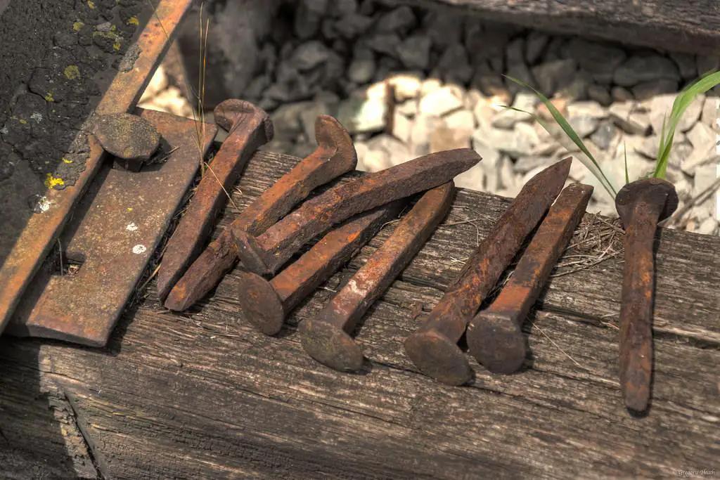 8 Rusty Dog Head Railroad Spikes resting on a wooden railroad tie. Image Source