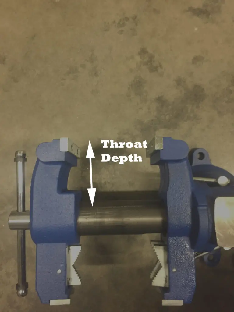 An image illustrating the throat depth measurement of a vise